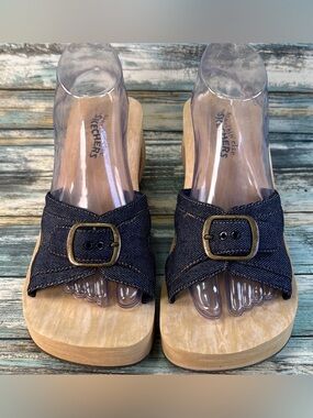 Skechers Somethin Else Y2K Slide Sandals Womens 10 Blue Denim Foam Chunky Heel